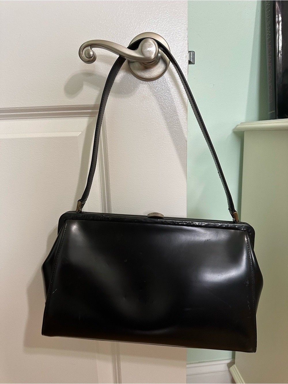DKNY Black Patent Shoulder Bag with Top Frame
